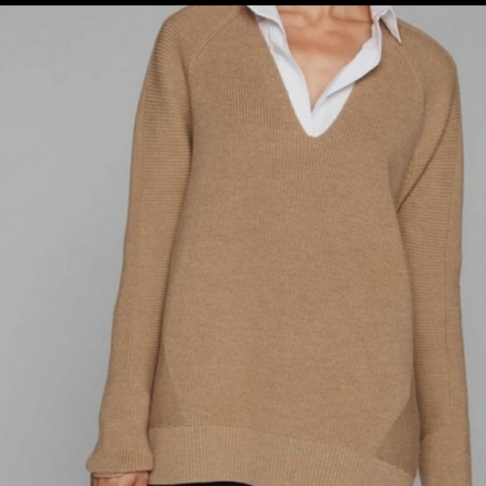 Athleta Hanover Wool Blend Beige Tan V-Neck Knit Sweater Size M